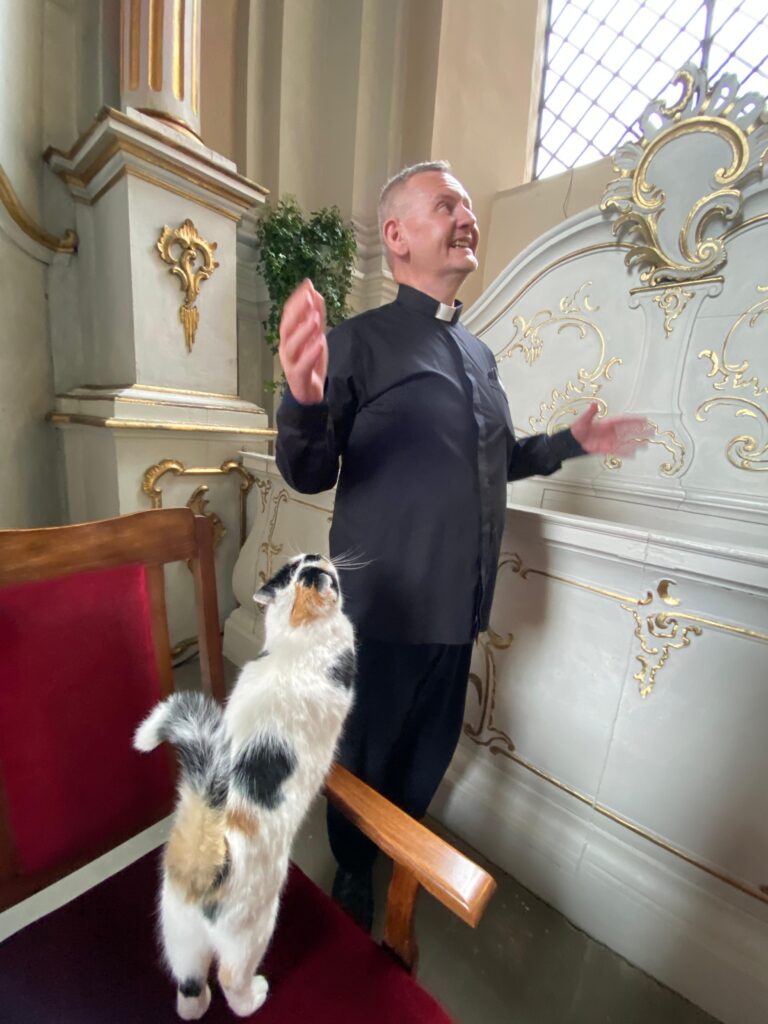 A Catholic priest in cassock blessing a calico cat standing on a church pew