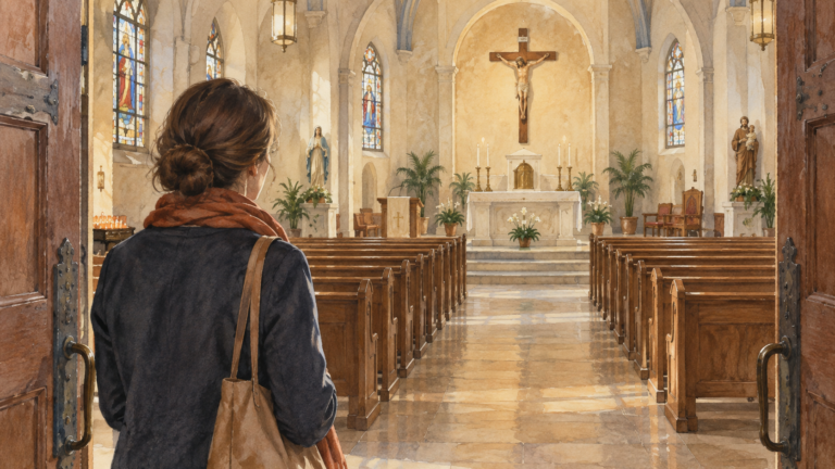 A first-time visitor looking down the aisle of a Catholic church.