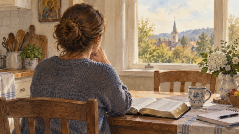 A woman praying quietly beside an open Bible at her kitchen table.