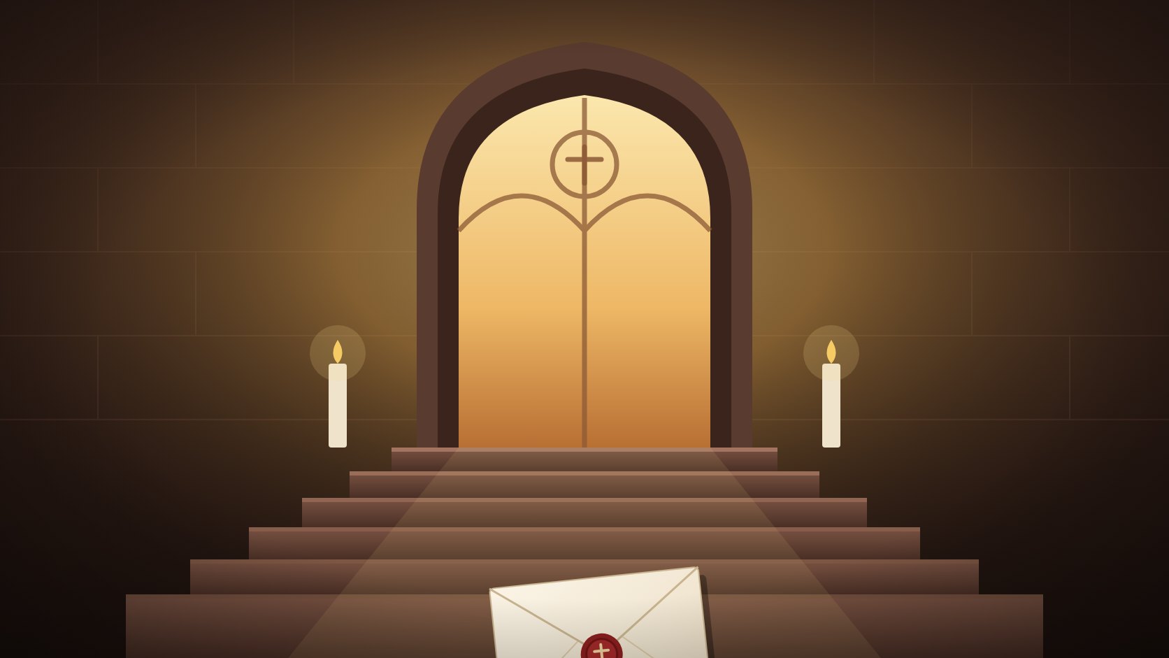 A lit church doorway at the top of a flight of stone steps, with a sealed letter resting on the lowest step.